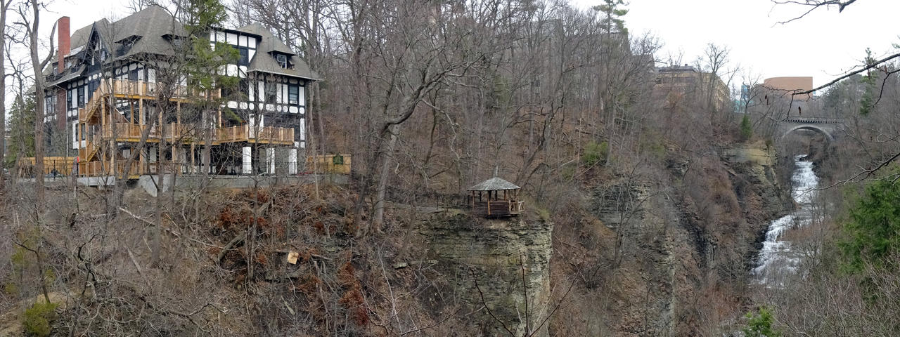 Edgemoor, the Lambda Chi gazebo, and the Giant’s Staircase Waterfall on Cascadilla Gorge 